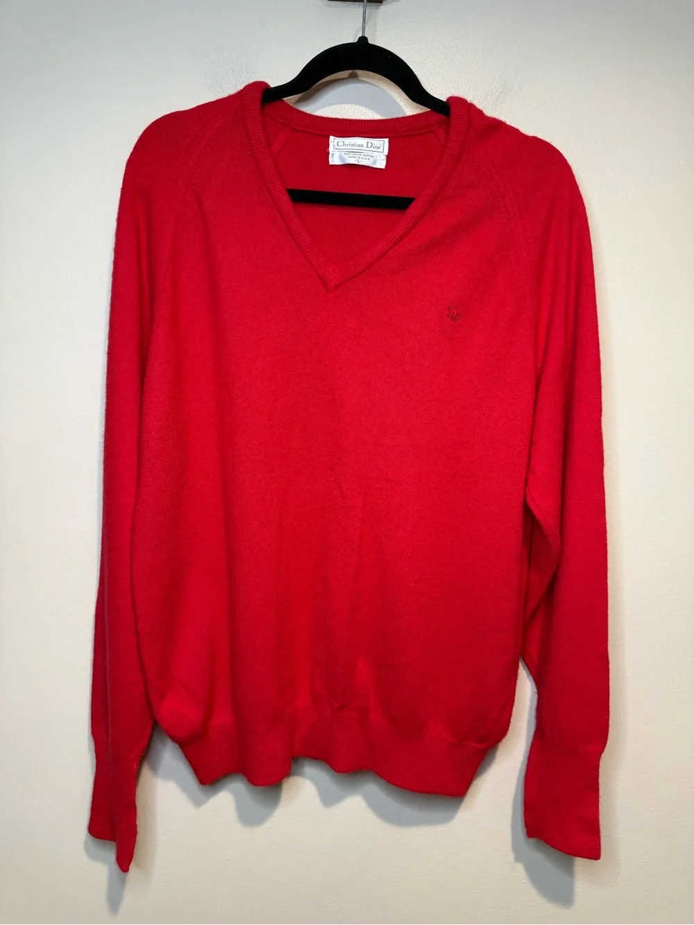 Vintage Christian Dior Orlon Acrylic V-Neck Sweater Men's Sz L red